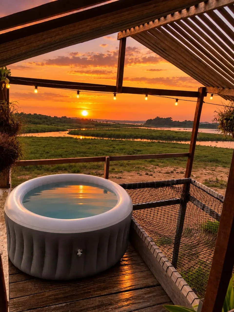 Tina inflable bajo el techo cubierto, con vista al atardecer sobre el humedal del lago.