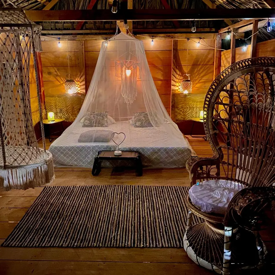 Cama con mosquitero y silla de pavo real, iluminadas de noche