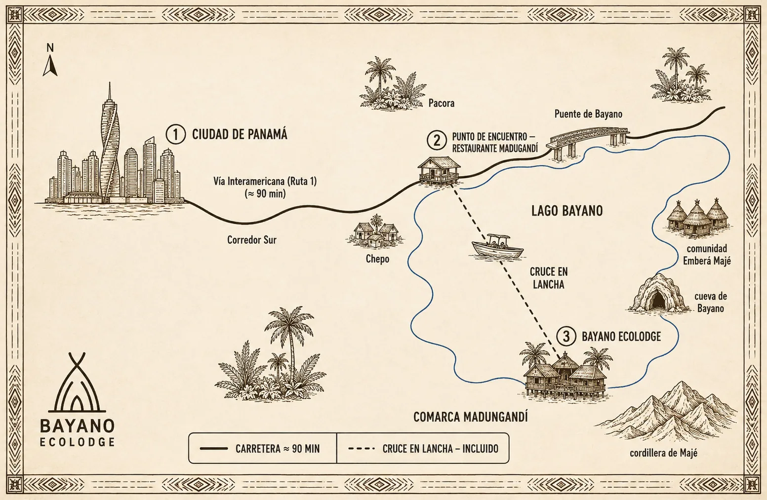 Mapa ilustrado de la ruta desde Ciudad de Panamá hasta Bayano Ecolodge