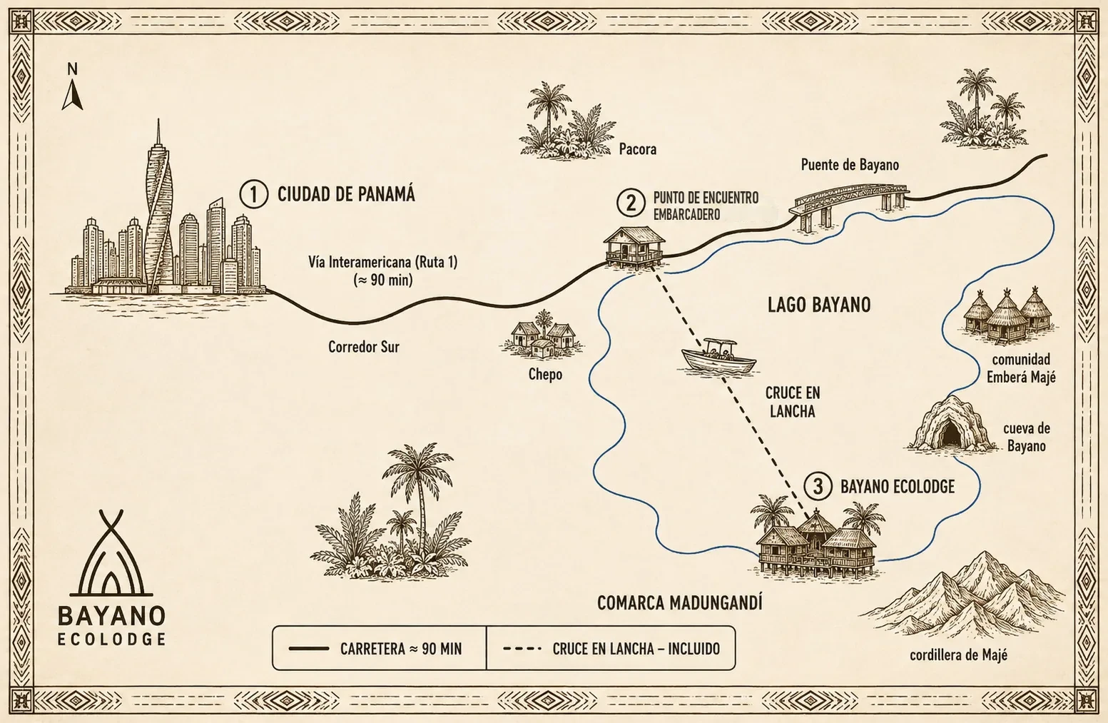 Mapa ilustrado de la ruta desde Ciudad de Panamá hasta Bayano Ecolodge